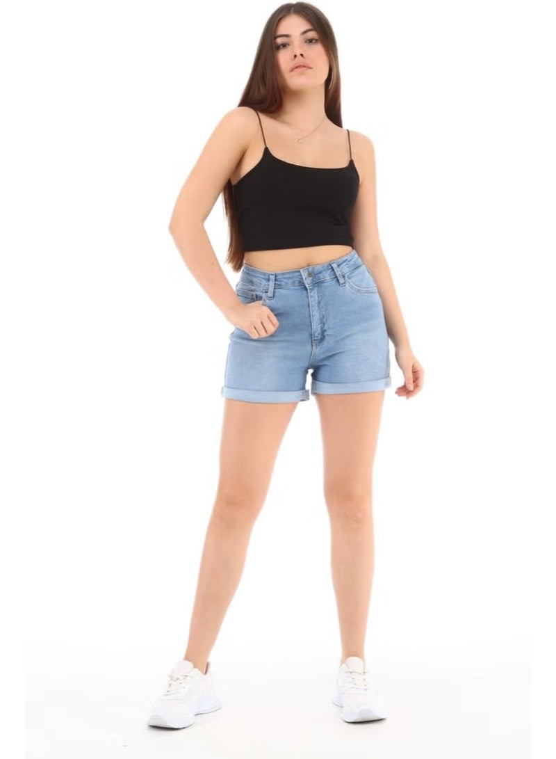 Cedy Denim Women Kyiv Blue High Waist Double Leg Denim Shorts Classic Mini Jean Shorts C604 - Image 1